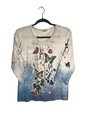 Cactus Butterfly Print Ombre Long-Sleeve Top - Cream & Blue